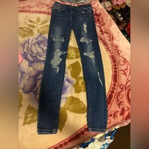 Women’s Ripped Skinny Jeans - Dark Blue Distressed Slim Fit